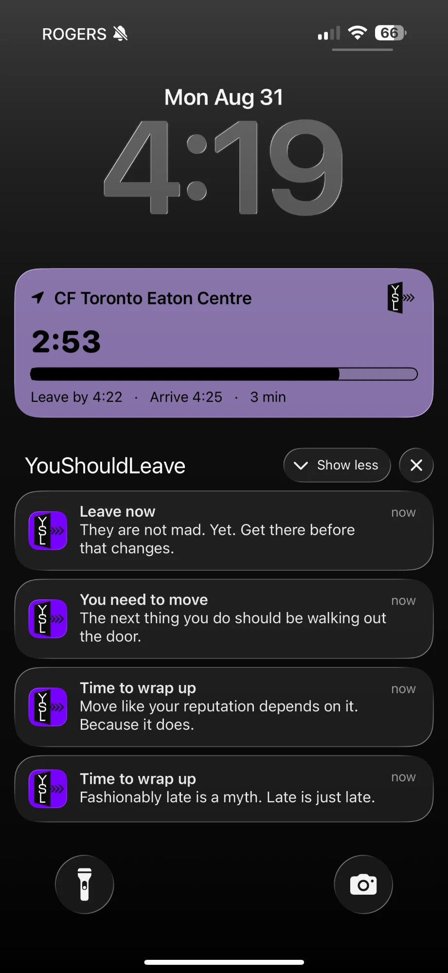 An iPhone lock screen showing the YouShouldLeave countdown card reading 2:53 until departure for CF Toronto Eaton Centre, above a stack of escalating reminders.