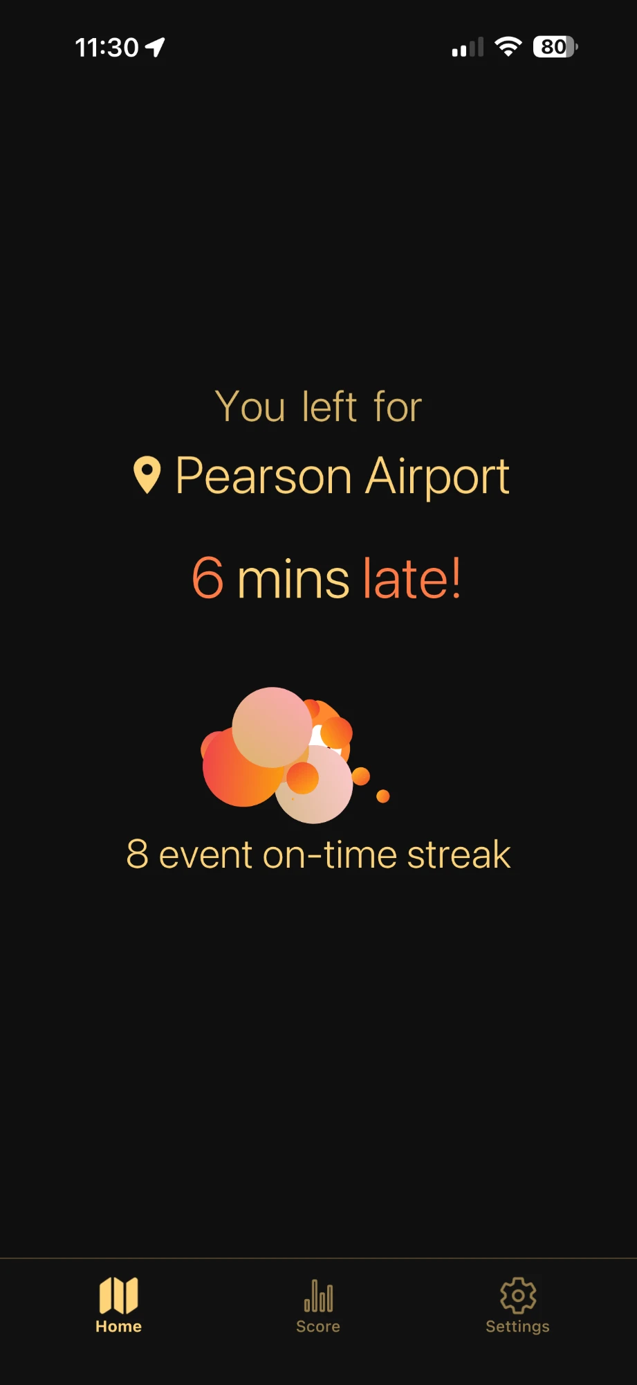 The departure result screen reading: you left for Pearson Airport 6 minutes late, with an eight event on-time streak below.