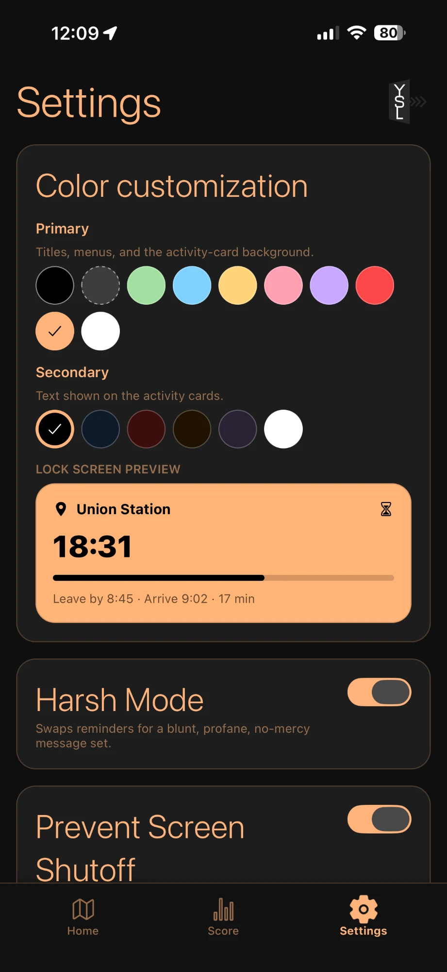 The Settings screen with primary and secondary colour swatches and a live lock screen preview of the chosen colour.